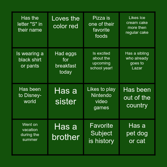 Classmate Scavenger Hunt Bingo Card