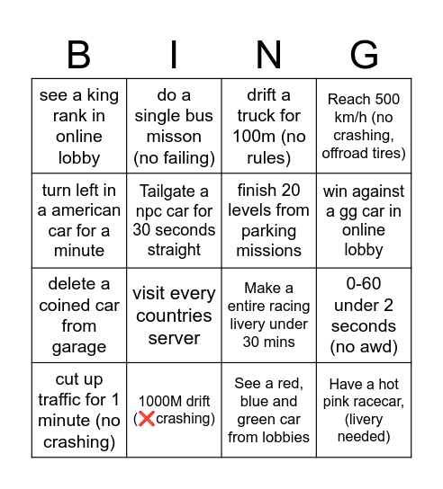 The Car Parking Multiplayer Bingo Card