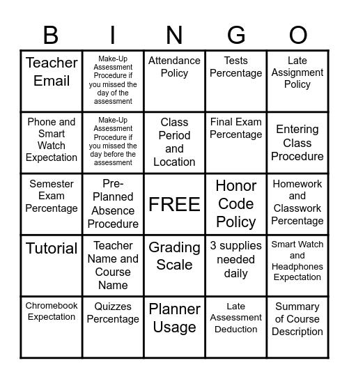 Syllabus Bingo! Bingo Card