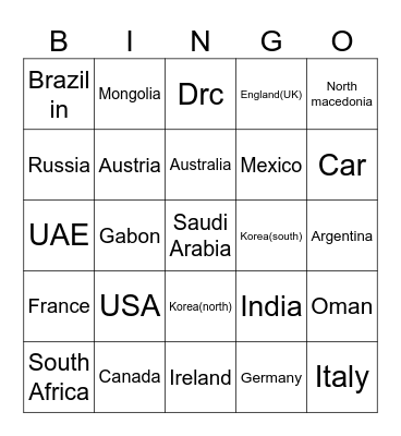 Country bingo Card