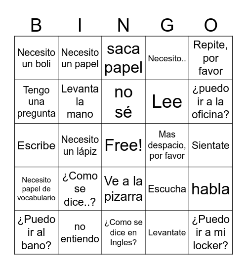 Classroom Expressions Bingo Card