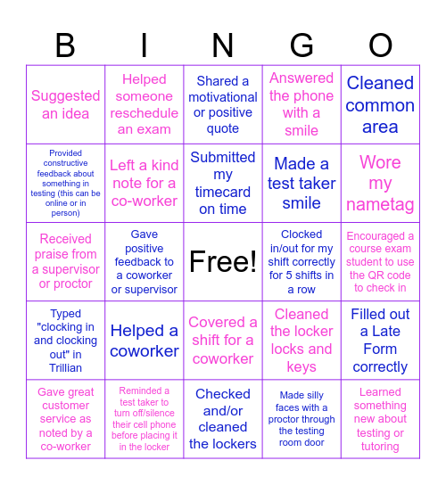 TLC Student Worker Fall Semester Bingo Card