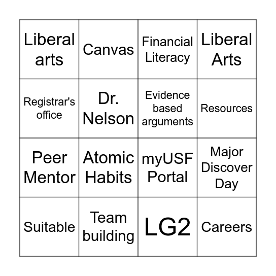 First Year Seminar Bingo Card