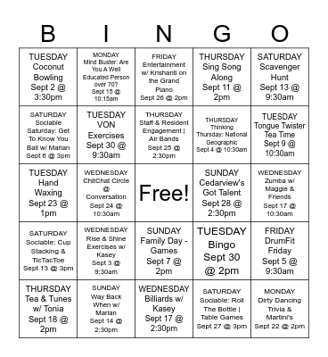SEPTEMBER Bingo Card