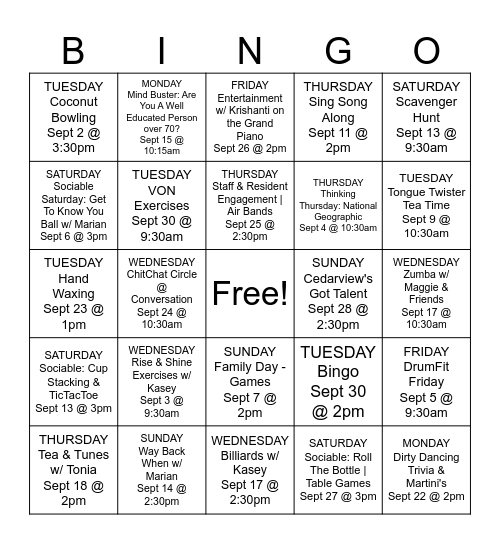 SEPTEMBER Bingo Card