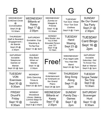 SEPTEMBER Bingo Card