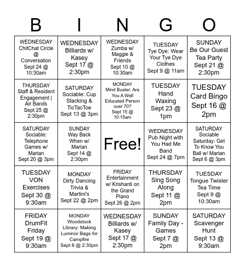 SEPTEMBER Bingo Card