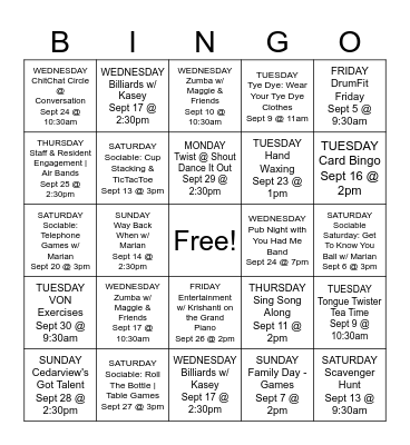 SEPTEMBER Bingo Card