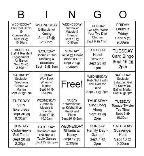 SEPTEMBER Bingo Card