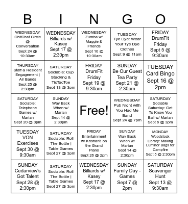 SEPTEMBER Bingo Card