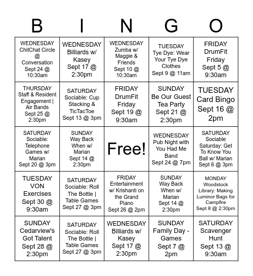 SEPTEMBER Bingo Card