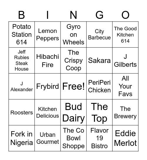 Let’s go Eat Bingo Card