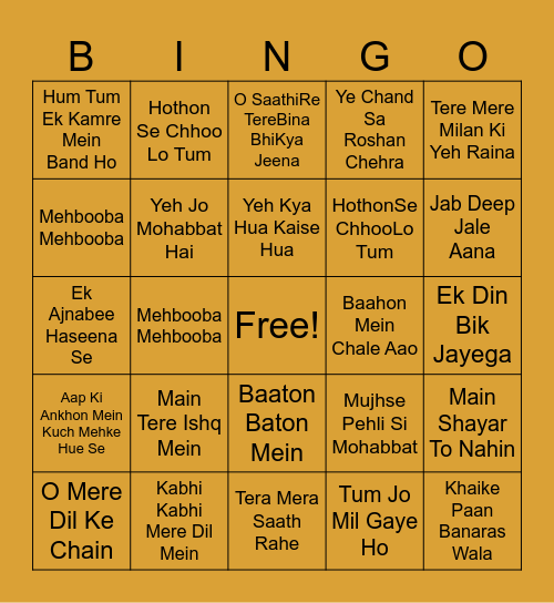 Romantic Bollywood Songs Bingo Card