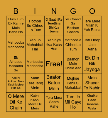 Romantic Bollywood Songs Bingo Card