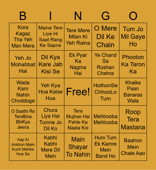 Romantic Bollywood Songs Bingo Card