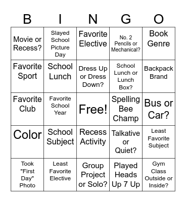 Back To School Bingo Card