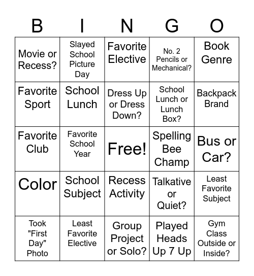 Back To School Bingo Card