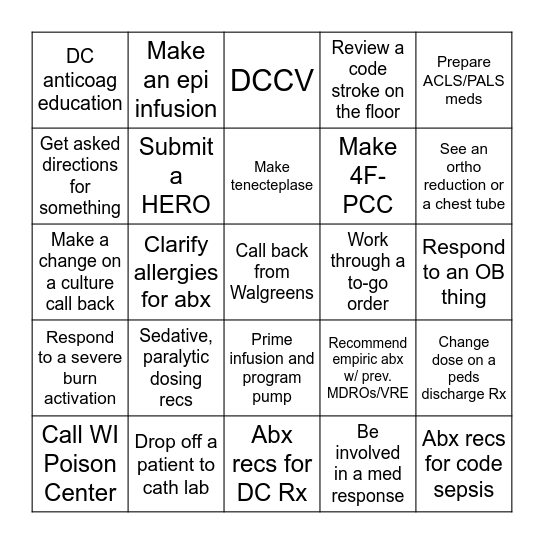 Tracking EM Rotation Educational Experiences Bingo Card