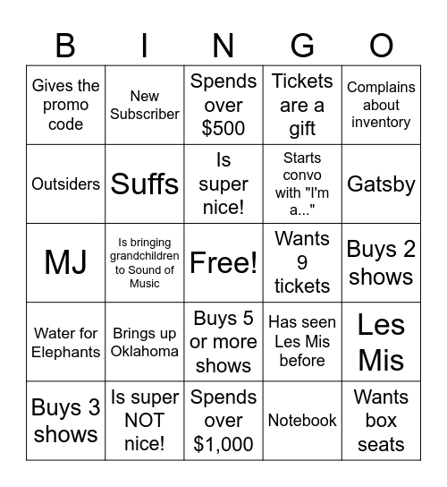 BWY Single Ticket Bingo Card