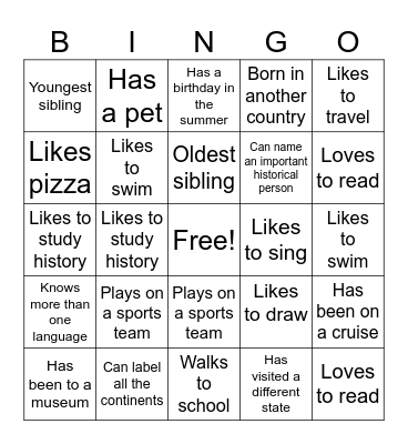 Getting To Know Your Classmates Bingo Card