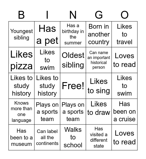 Getting To Know Your Classmates Bingo Card