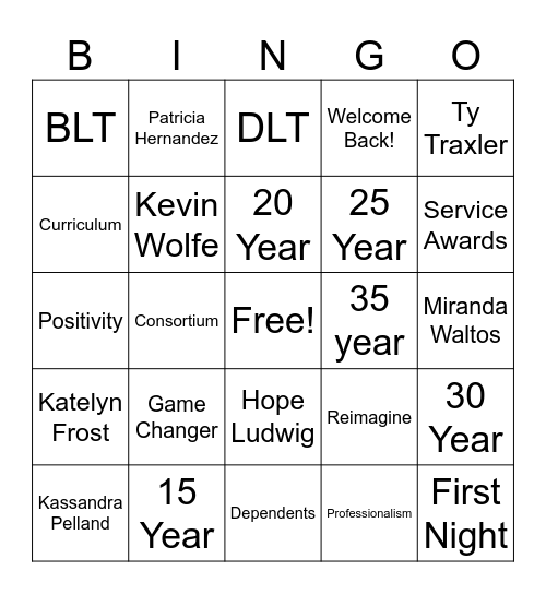 Welcome Back!!! Bingo Card