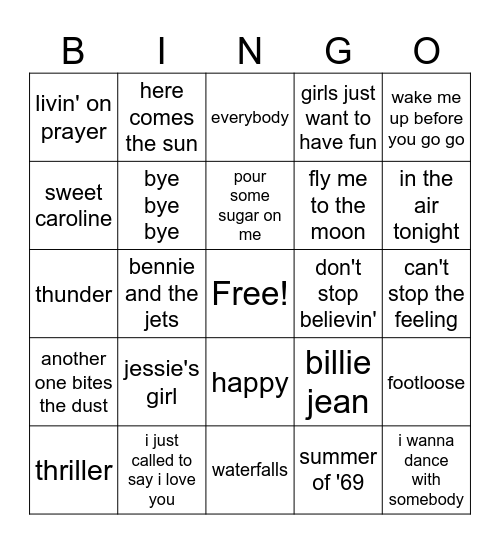 music bingo Card