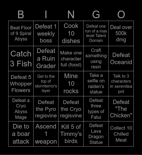 Genshin Lockout Bingo Card
