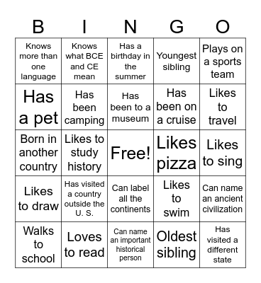 Getting To Know Your Classmates Bingo Card