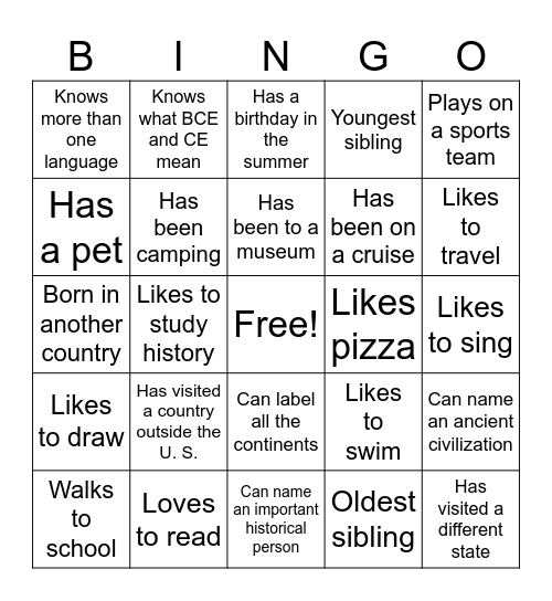 Getting To Know Your Classmates Bingo Card