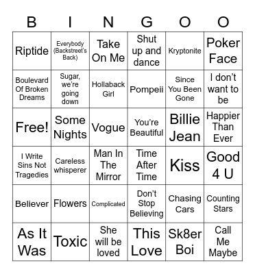 Pop Goes Rock Bingo Card