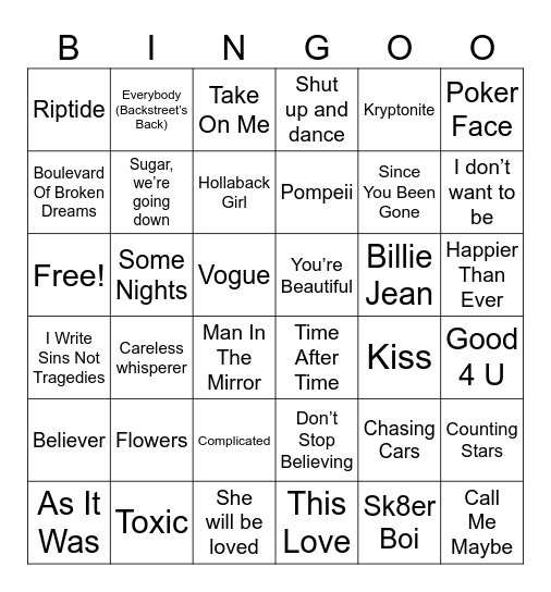 Pop Goes Rock Bingo Card