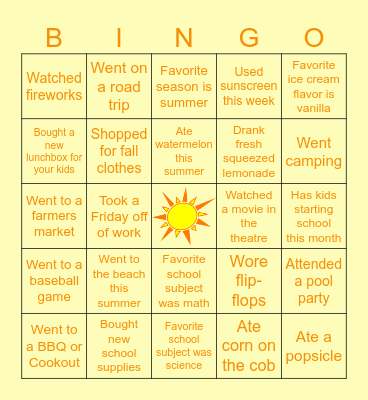 Sunglasses to School Supplies BINGO! Bingo Card