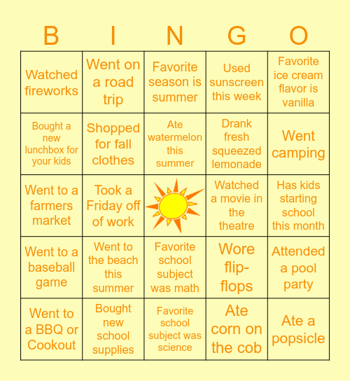 Sunglasses to School Supplies BINGO! Bingo Card