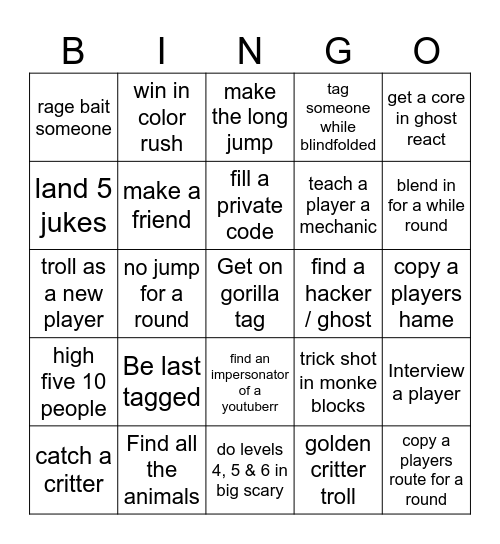 Gorilla tag bingo Card