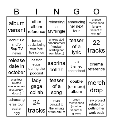 taylor podcast bingo Card