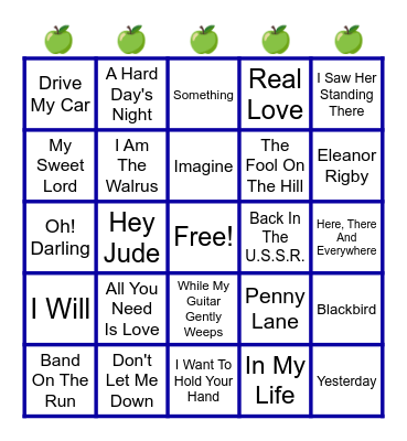 Beatles Songs Bingo Card
