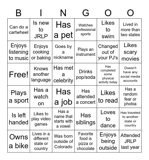 Getting to Know You Bingo Card