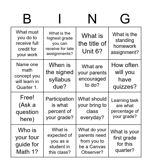 Syllabus Bing No O Bingo Card