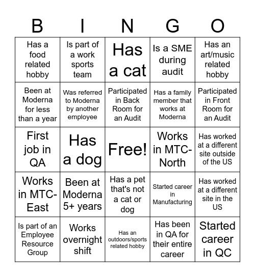 Quality Speed Networking Bingo Card
