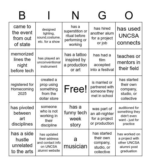 UNCSA Pickles and Pints Bingo Card