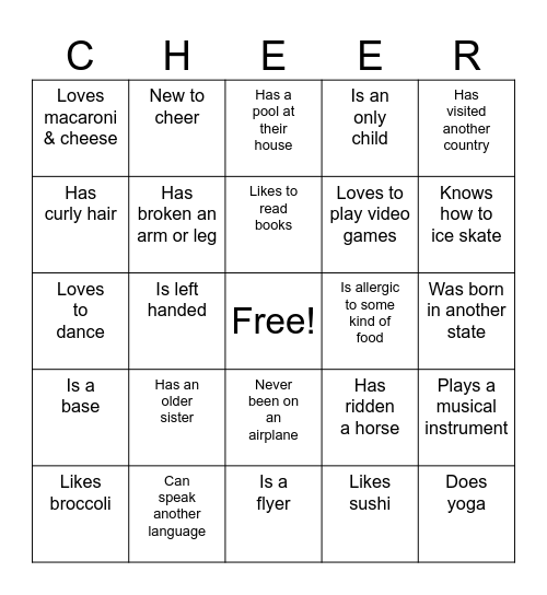 Cheer Bingo Card