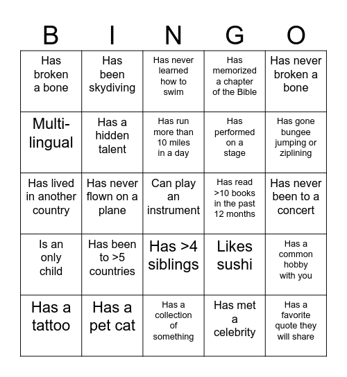 Get to Know You Bingo Card