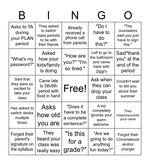 Back to School BINGO Card