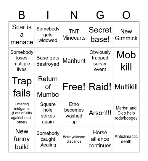 PAST LIFE Bingo Card