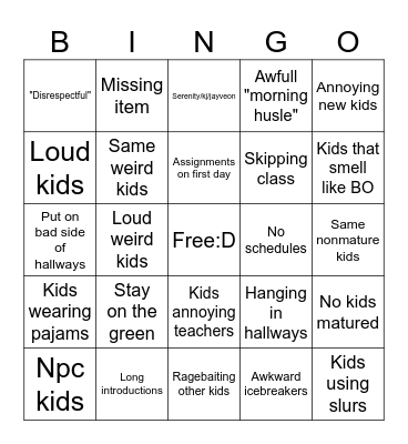 First day bingo Card