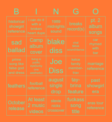 the life of a showgirl Bingo Card