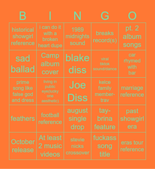 the life of a showgirl Bingo Card