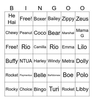Pet's Name Bingo Card