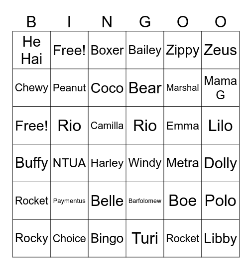 Pet's Name Bingo Card